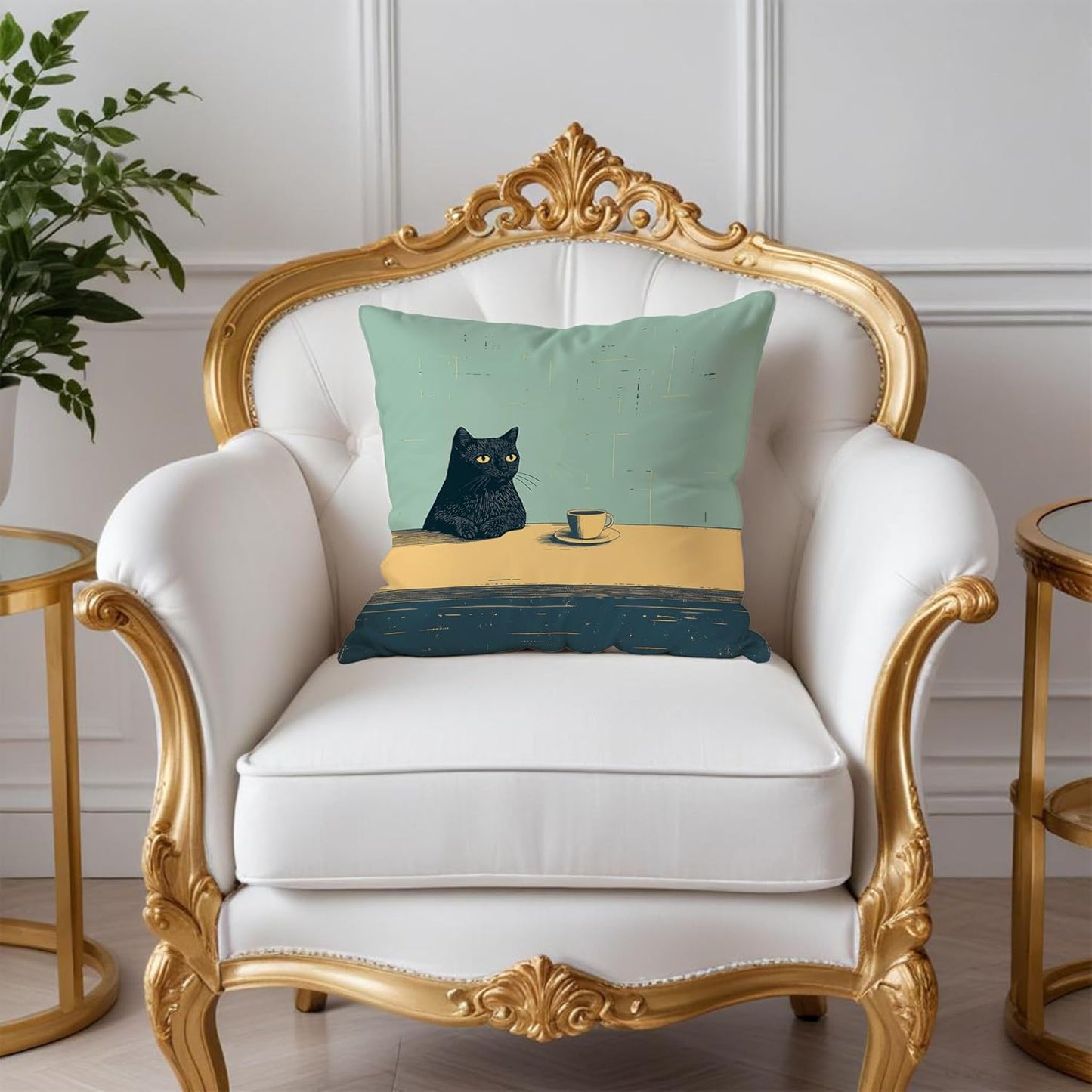 Black Cat Throw Pillow Covers 18x18, Aesthetic Black Cat Art Painting Decor Pillow Covers, Vintage Cats Drinking Coffee Decor for Room Bedroom