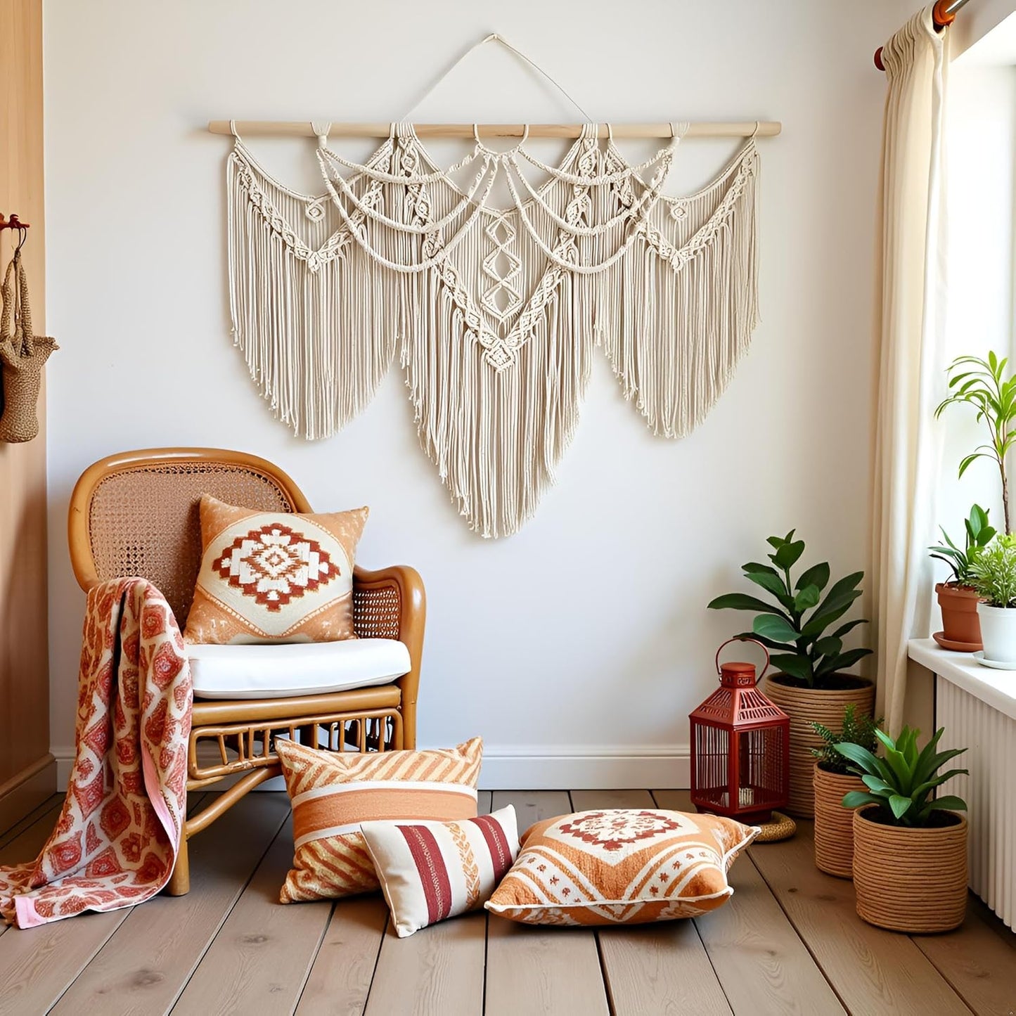 large macrame wall hanging - Boho Tapestry Macrame Wall Decor Art- Chic Bohemian Handmade Woven Tapestry Home Decoration for Bedroom Living Room Apartment Wedding Party - 43"x32" (Beige-fringe)