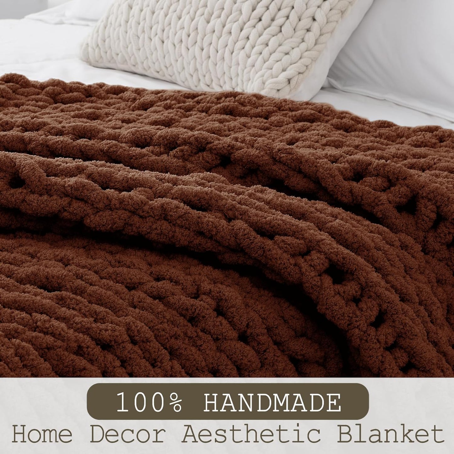 Chunky Knit Throw Blanket 60"X 80", 100% Handmade with Soft Chenille Yarn, 6.7lbs Thick Cable Knitted Blankets, Large Rope Knot Crochet Throws for Couch Sofa Bed Home Decor, Dark Brown