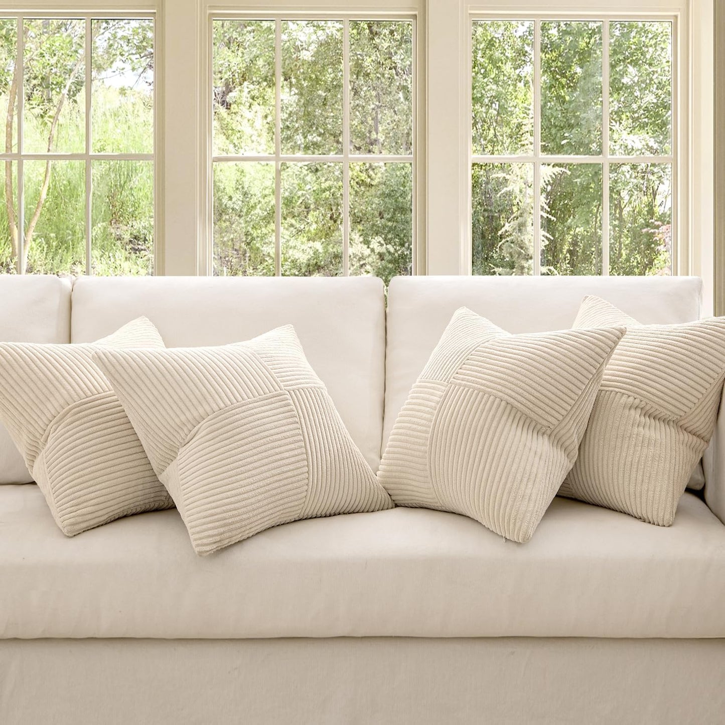 MIULEE Beige Throw Pillow Covers 20x20 Inch Set of 4 Boho Patchwork Cushion Cases Modern Farmhouse Pillow Cases with Invisible Zipper Corduroy Striped Home Decor for Couch Sofa Bedroom