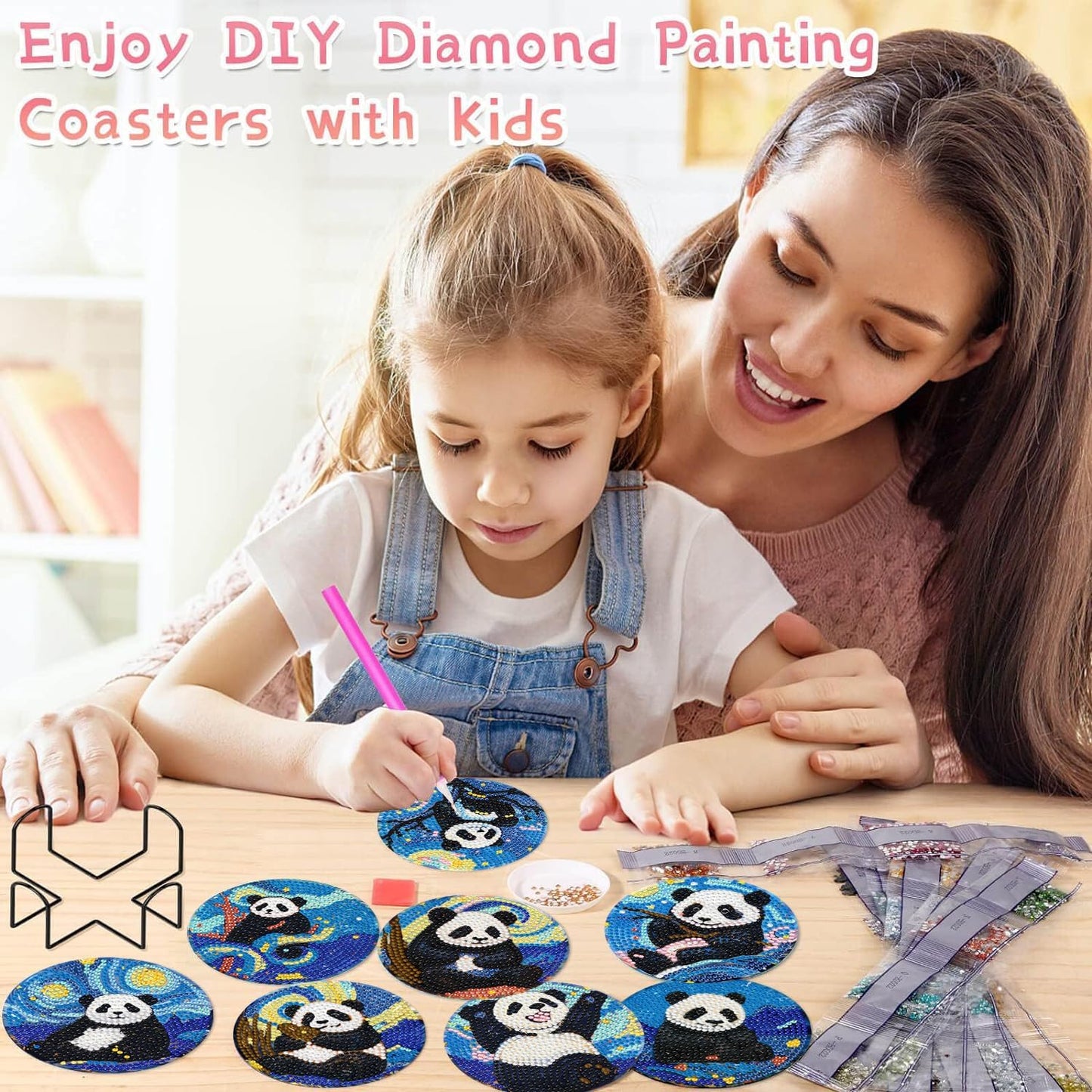 Leatrice 8 Pcs Panda Diamond Art Coasters Set of 8, Small Diamond Painting Kits for Adults Beginners Women, Gem Art Coasters with Holder, Funny Arts Supplies for Home Decor