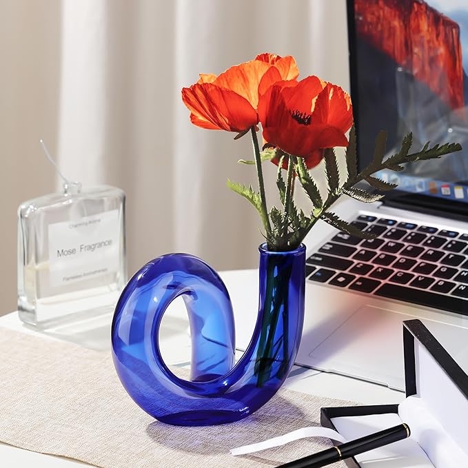 Joeyan Handmade Small Blue Glass Flower Vase,Decorative Geometric Glass Bud Vase for Modern Home Centerpieces Living Room Office,4.72" Abstract Vase for Single Flower and Dry Flowers