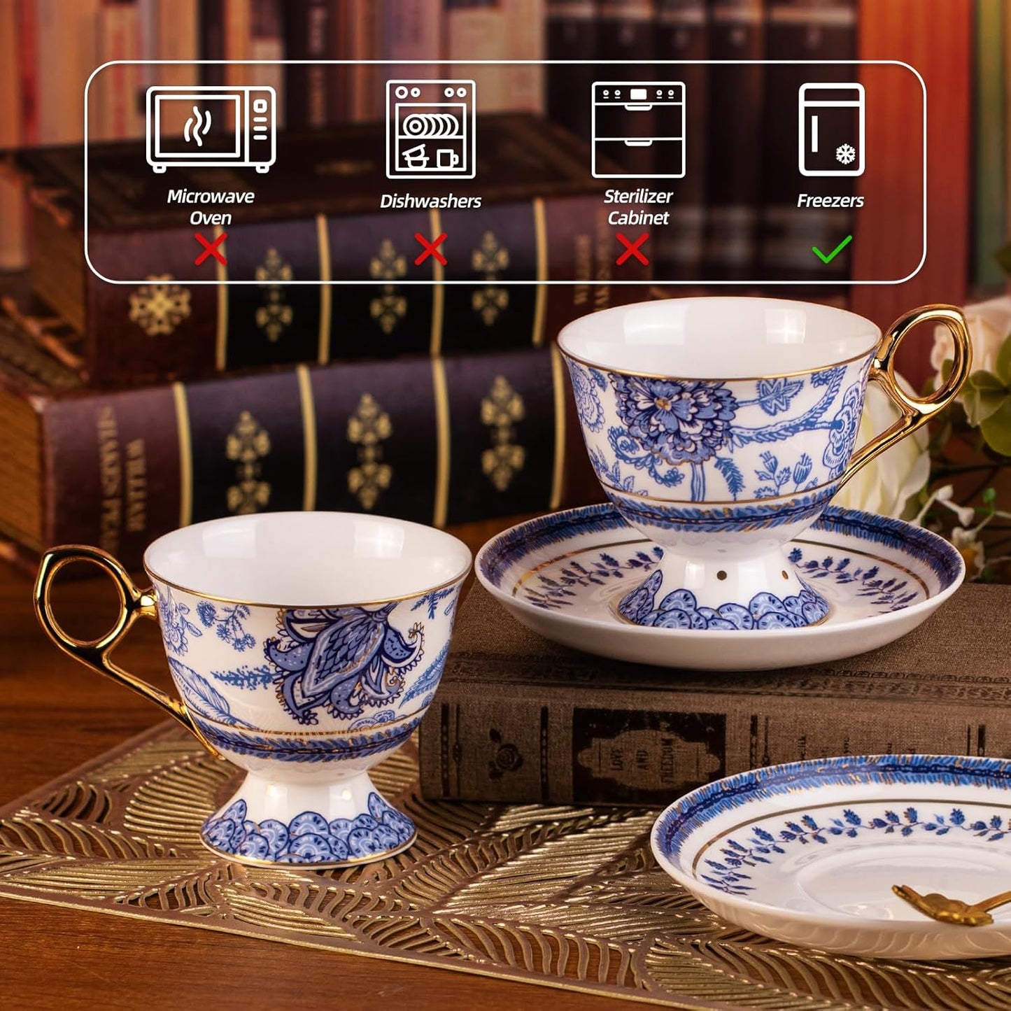 KAMMAK Tea Cups and Saucers Set of 2, Fine Bone China Coffee Cups, 8.5-Ounce Stackable Espresso Mugs, Ceramic Demitasse for Coffee, Cappuccino, Latte, Americano, Tea, Tall Navy