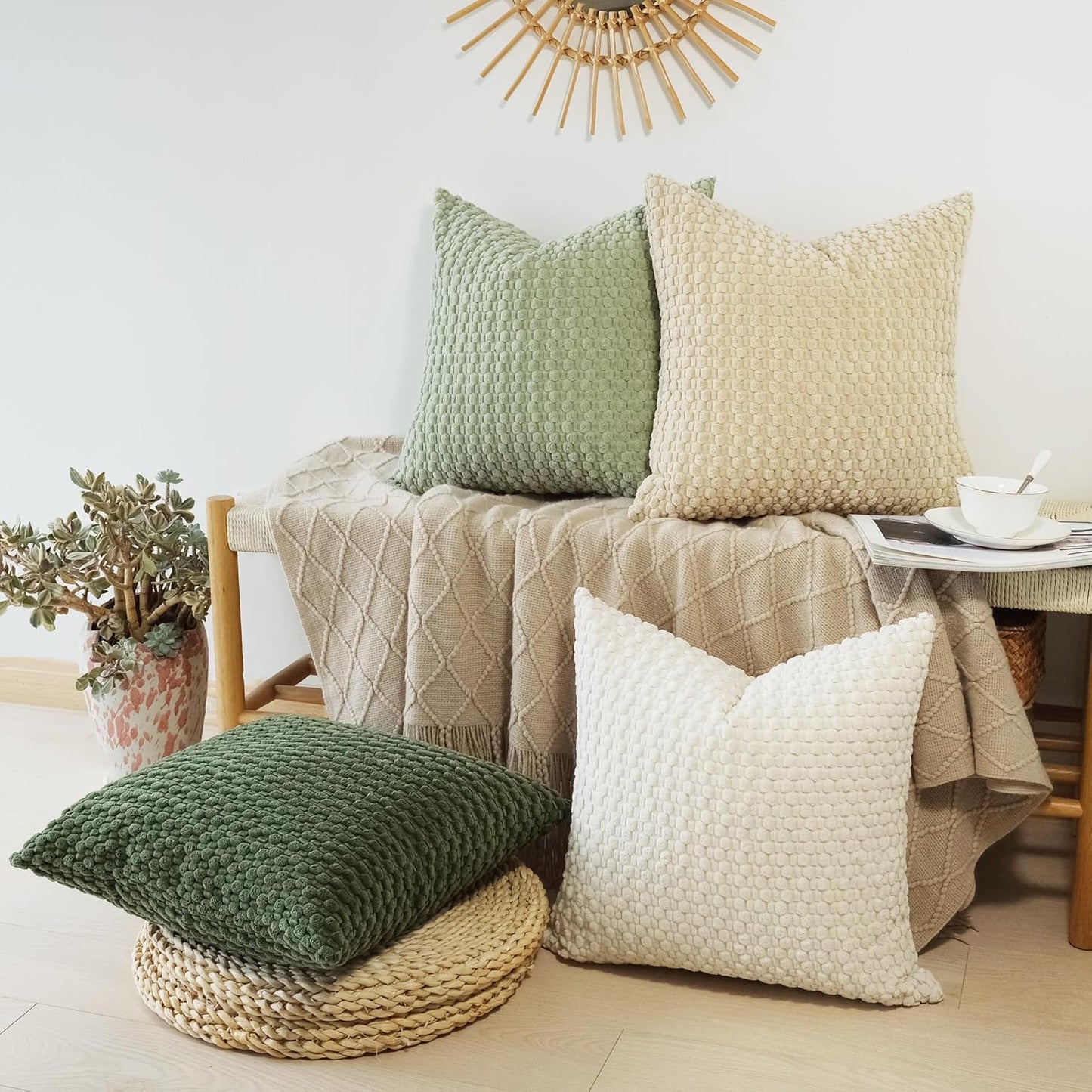 JOJUSIS Pack of 4 Spring Decorative Throw Pillow Covers Farmhouse Boho Home Decor Striped Corduroy Square Pillowcases 20 x 20 Inch Green