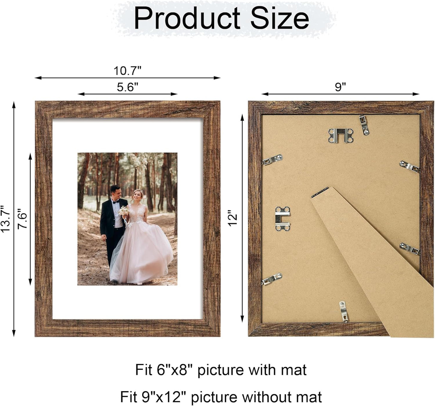 iRahmen 9x12 Picture Frame Set of 4 with Tempered Glass, Wooden Rustic Frame Display 6x8 Pictures with Mat or 9 x 12 Without Mat, Photo Frame for Wall Mount and Tabletop Display