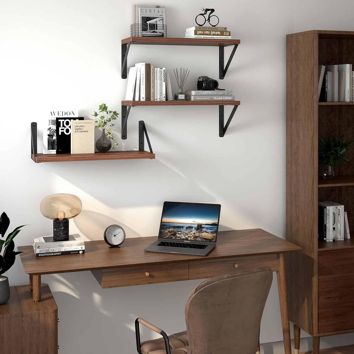 Heimlove Floating Shelves for Wall, 16 Inch Long Wood Floating Shelves Set of 3, Wall Mounted Hanging Shelf for Bathroom Bedroom Kitchen, Walnut