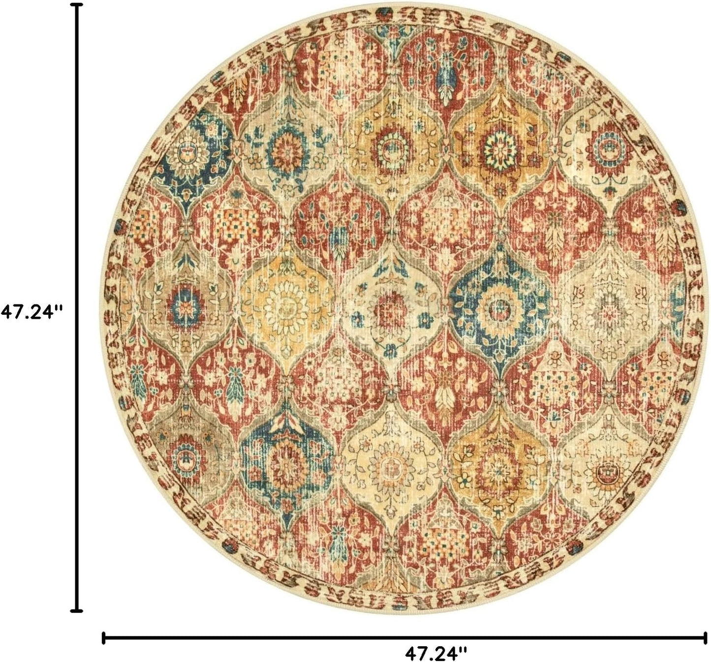 Lahome Moroccan Trellis Washable Round Rugs, Non-Slip Soft Round Rug 4ft Ultra-Thin, Small Vintage Circle Carpet for Entryway Kitchen Bedroom Nursery Bathroom, Red/Orange