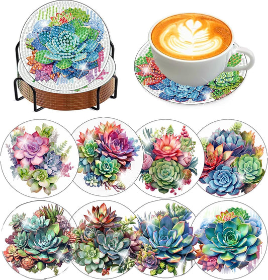 Meothan 8 Pcs Diamond Art Coasters Kits for Adults with Holder Cork Pads, Succulent Diamond Dots Art Painting Coasters Crafts Kit for Home Office Decor (Green Plants)
