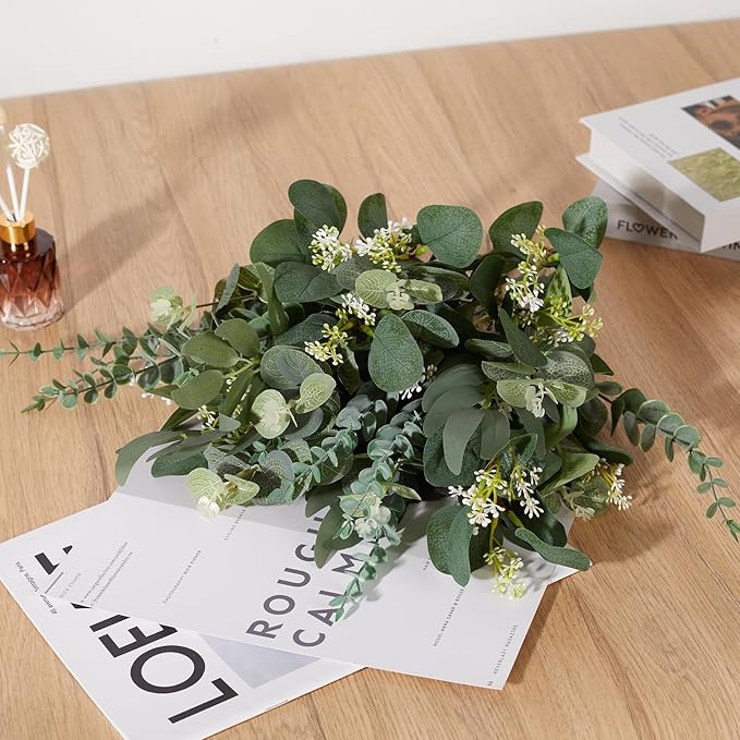 120 Pcs 4 Kinds Mixed Eucalyptus Leaves Stems Bulk Artificial Silver Dollar Leaves Picks Dried Eucalyptus Bundle Faux Spray for Wedding Vase Bouquet Floral Arrangement