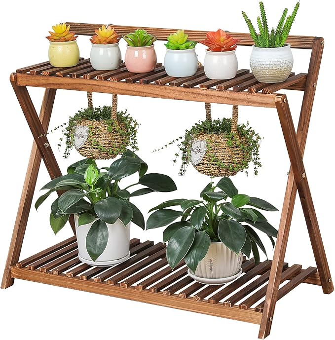 Indoor Plant Stand for Multiple Plants 2 Tier Wood Corner Plant Shelf Rack with Planter Hanger Outdoor Flower Pot Stand Holder for Yard Patio Garden Balcony Porch Living Room ( Rustic X-Cross)