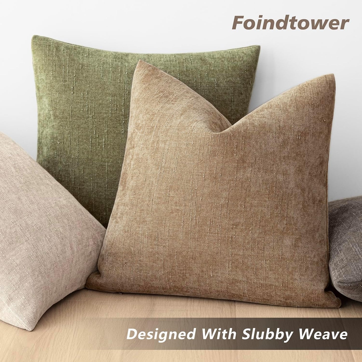 Foindtower Pack of 2 Textured Chenille Throw Decorative Pillow Covers Square Accent Solid Cushion Cover Neutral Farmhouse Pillow Case for Couch Sofa Bedroom Living Room 24x24 Inch,Taupe Khaki Camel