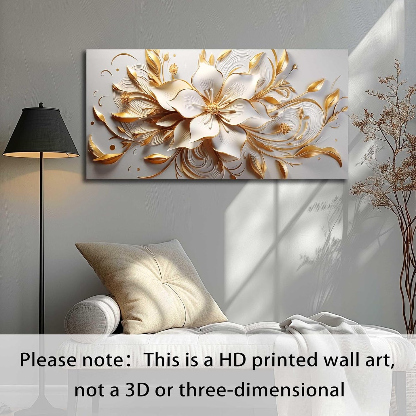 Flower Painting Wall Decor Living Room White and Gold Wall Art for Bedroom Modern Art Wall Decor Office Size 20" x 40"