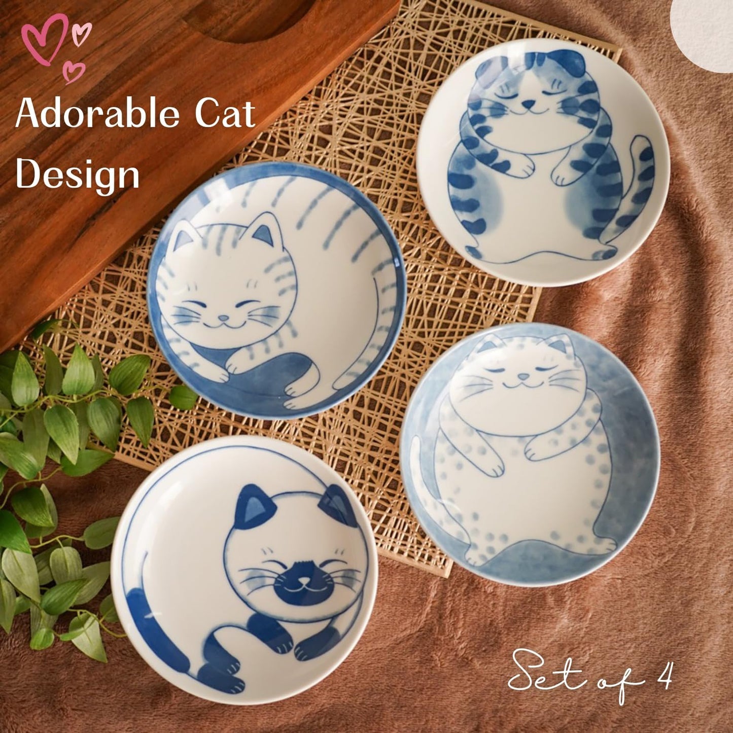 Dessert Salad Serving Plate Set Ceramic Cute Cats Design, 5.31inch x 1.06inch (13.5㎝×2.7㎝) Plates Set of 4, Mino Ware