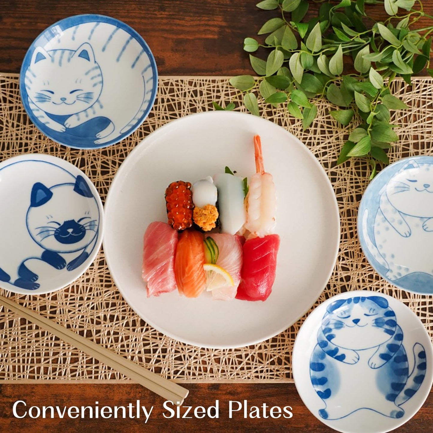 Dessert Salad Serving Plate Set Ceramic Cute Cats Design, 5.31inch x 1.06inch (13.5㎝×2.7㎝) Plates Set of 4, Mino Ware