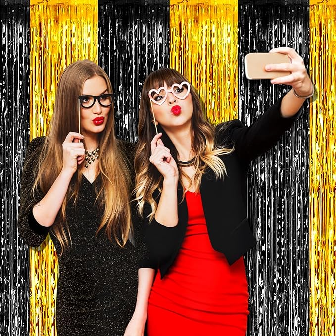 4 Pack Black Gold Foil Fringe Curtain Backdrop, 3.28Ft x 9.8Ft Metallic Tinsel Foil Fringe Streamers Curtains for Photo Booth, Wedding, Graduation, Birthday, Carnival Party Decoration