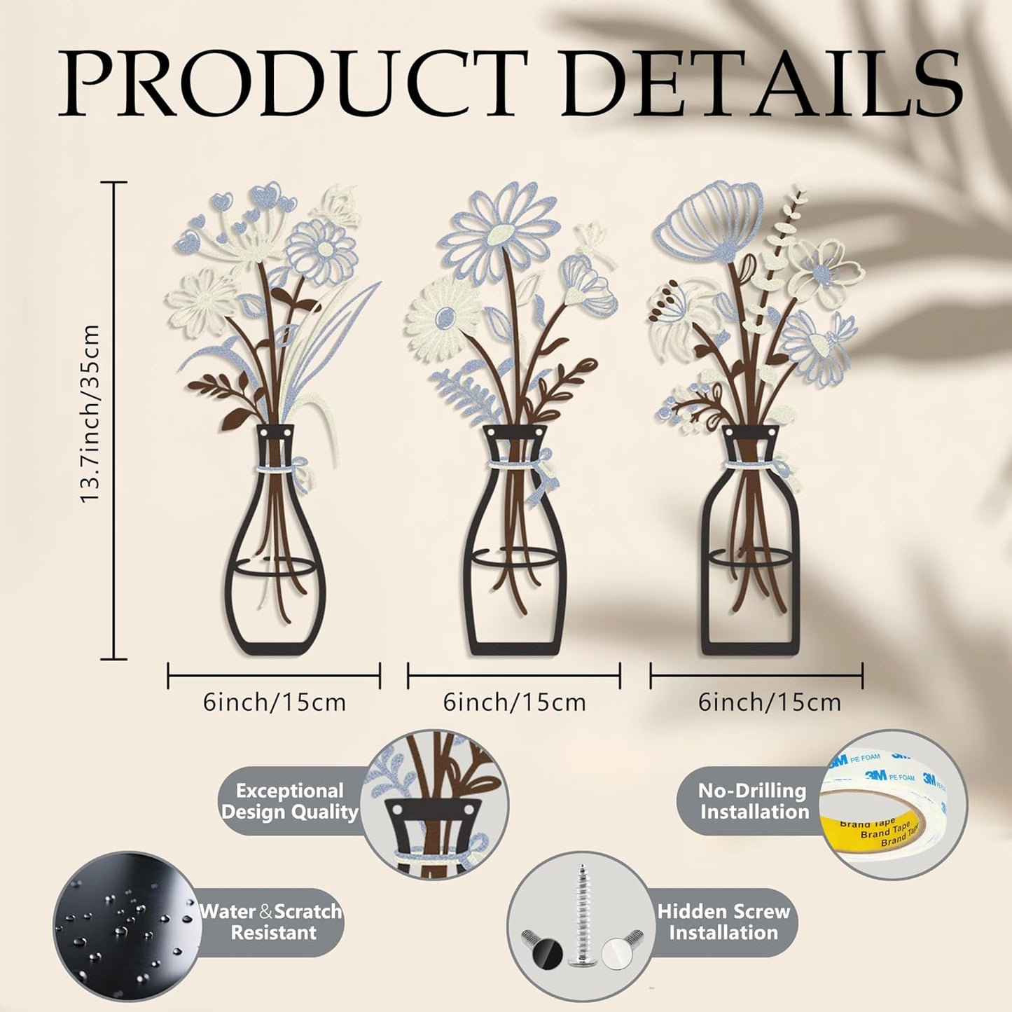 Iron Metal Vase Flower Wall Art Minimalist Black Floral Decor for Living Room Bedroom Kitchen, Office Garden - Modern Farmhouse Home Decor & Housewarming Gifts (Beige-Blue No Text)