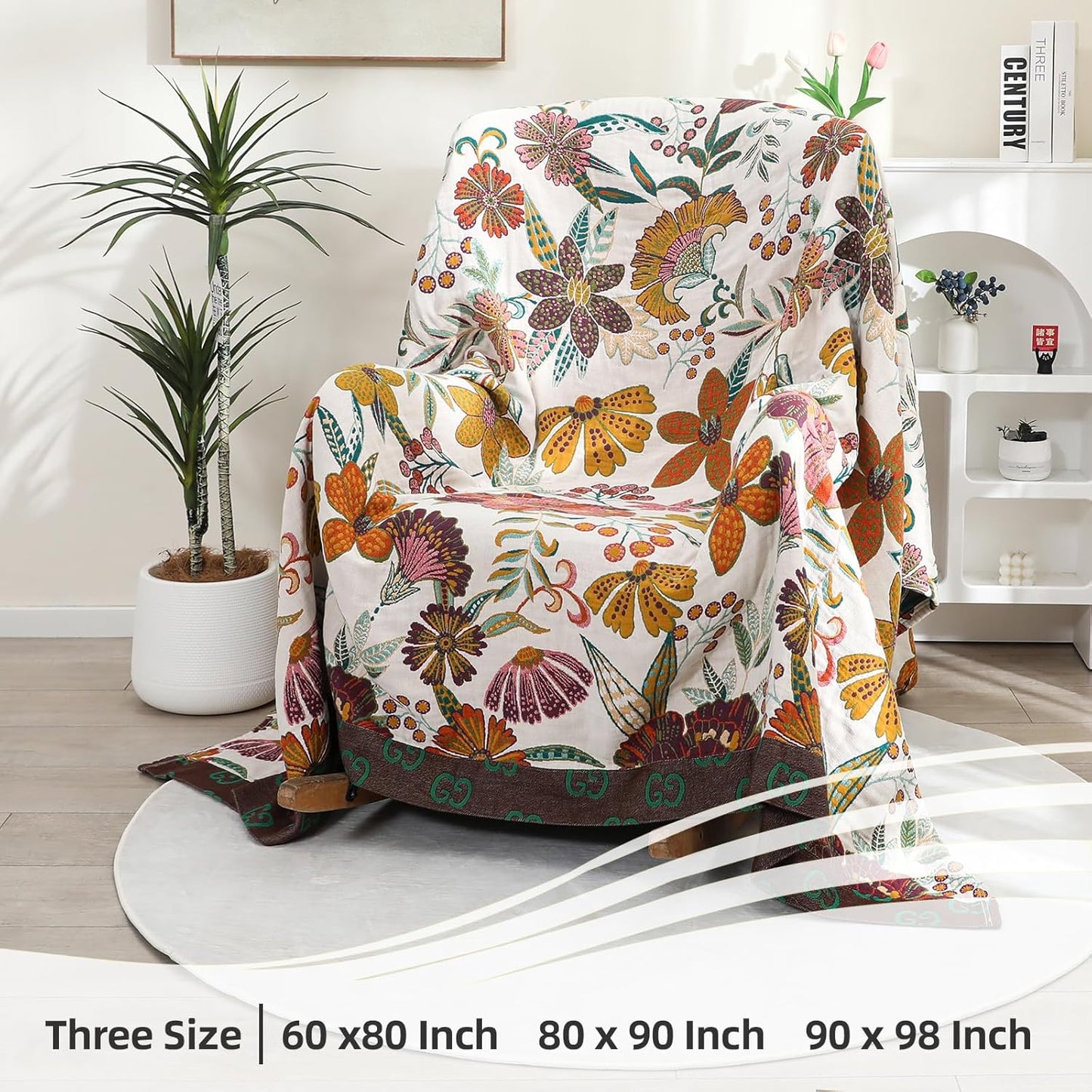 King Boho Throw Blanket for Bed, 100% Cotton Muslin Soft Throw-Floral Farmhouse Rustic Decor Blanket for Couch Sofa Quilt and Gift, 91" x 98"-BeigeWhite