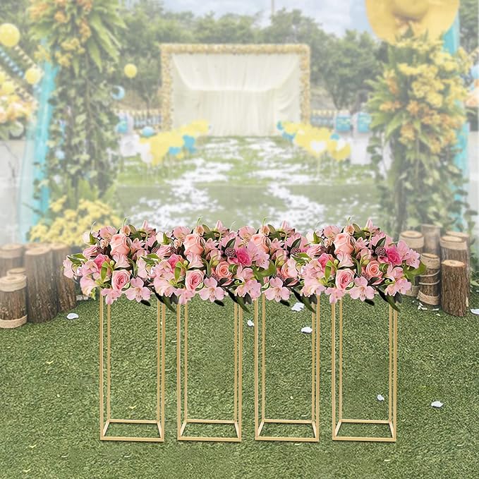 4Pcs 23.62inch Metal Flower Stand for Wedding Centerpieces, Rectangular Geometric Gold Centerpieces Stands for Wedding Decorations, Home Party Event