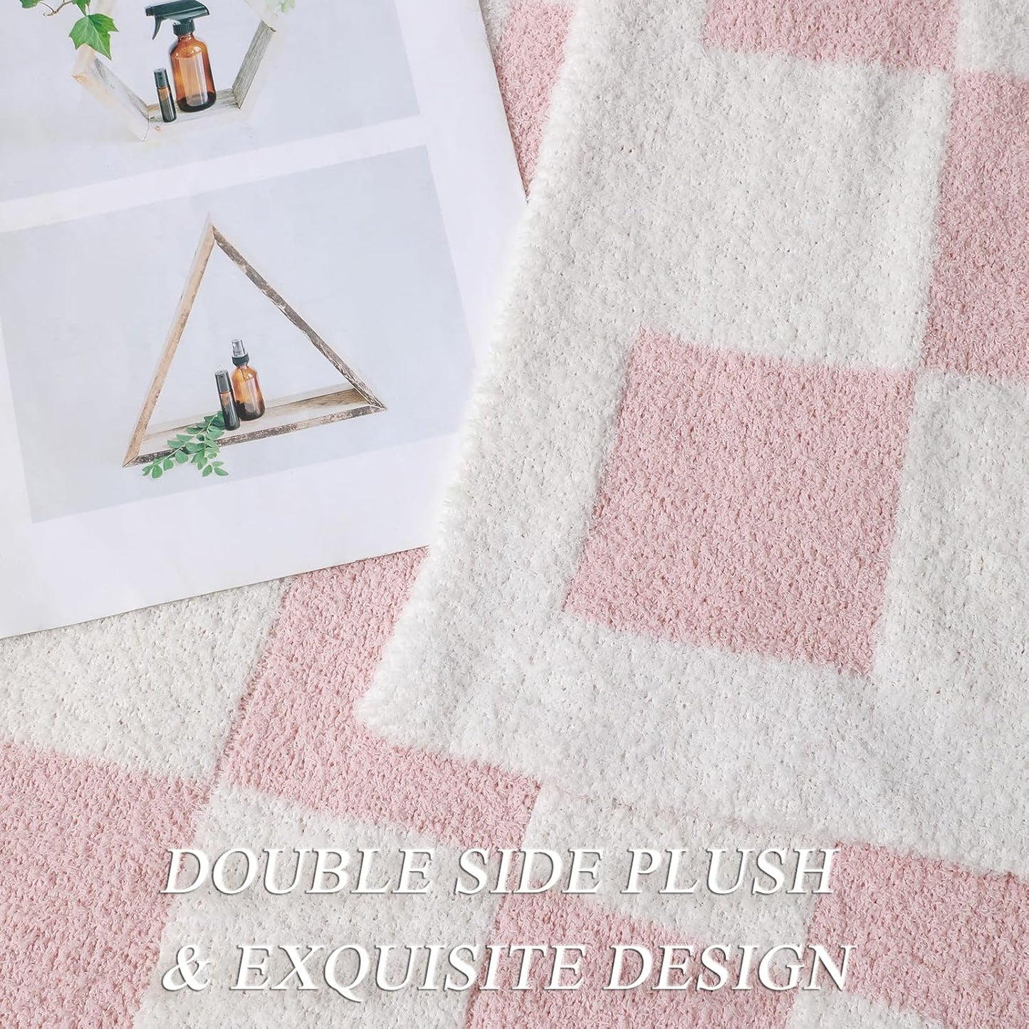 bearberry Fuzzy Checkerboard Grid Throw Blanket Soft Cozy Warm Microfiber Blanket Decor for Couch Sofa Bed Travel Home (Pink, 50''x60'')