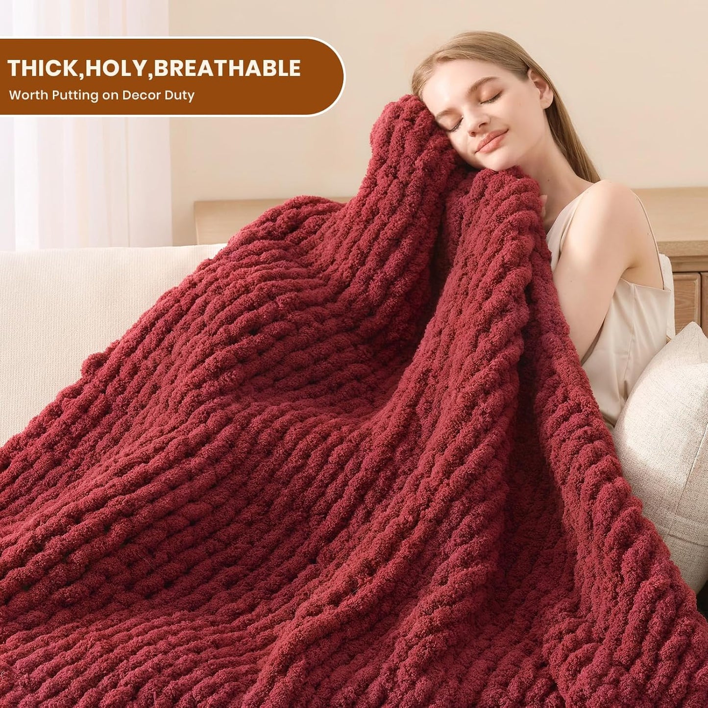 L'AGRATY Chunky Knit Blanket Throw: 60''x80'' Chenille Chunky Knitted Throw Blankets for Twin Bed Couch - Handmade Thick Cable Knit Blanket - Large Crochet Rope Blankets for Home Decor(Maroon Red)