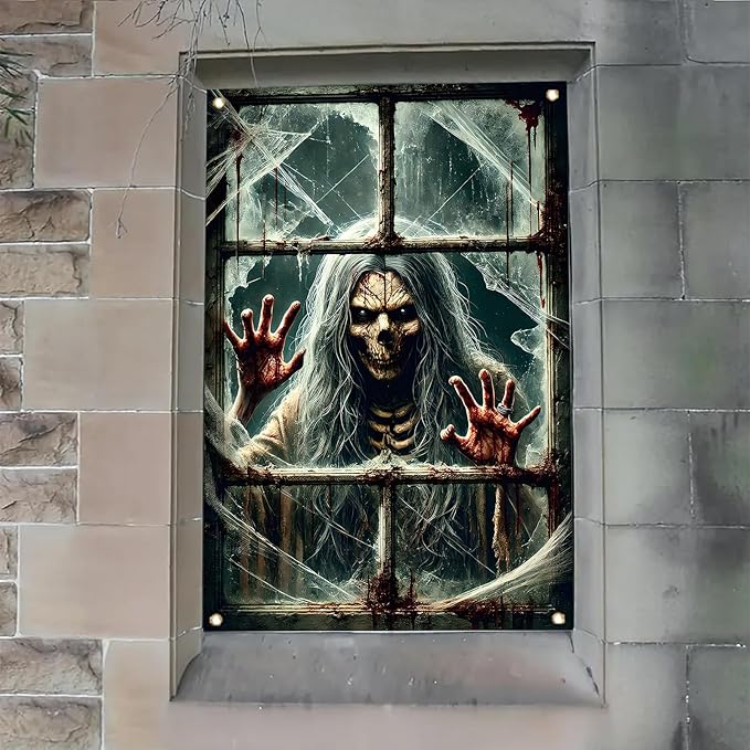 Window Cover Halloween 47x31 Inch Scary Skeleton Ghost Bloody Handprint Banner Creepy Horror Window Decoration for Haunted House Indoor Outdoor Poster Porch Decor