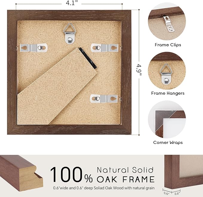 4x4 Oak Wood Picture Frame - 4"x4" Photo Frame, 4x4 Picture Frame Wood, Natural Solid Wooden Picture Frames for Wall Art Photo and Prints(1 Pack, Walnut)