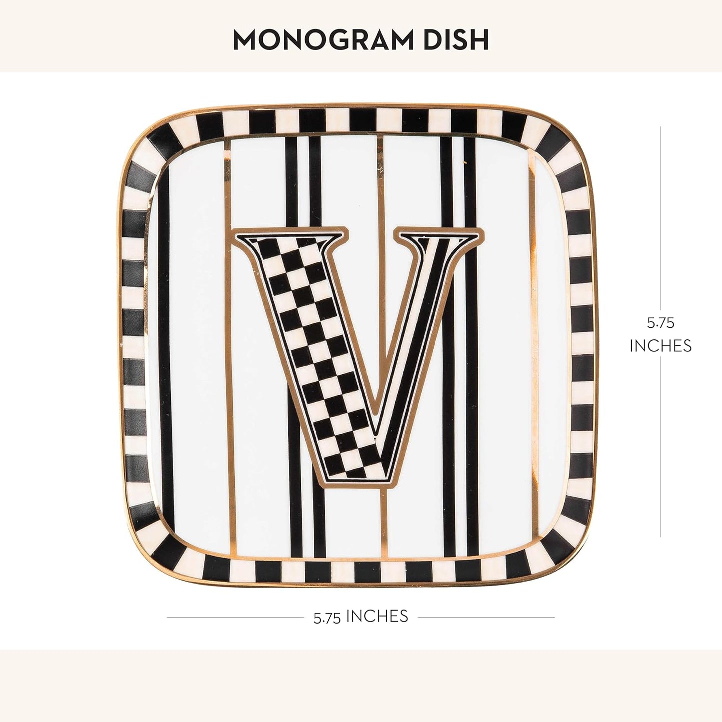 MACKENZIE-CHILDS Monogram Dish, Decorative Ceramic Letter Plate, 5 3/4" Square, V