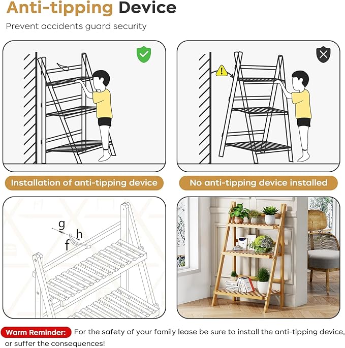 Foldable Plant Shelf Ladder Shelf, 3 Tier Bamboo Ladder Flower Pot Display Shelf, Freestanding Ladder Bookshelf Rack for Garden, Balcony, Yard, Living Room, 23.6" W x 15" D x 39.4" H, Natural