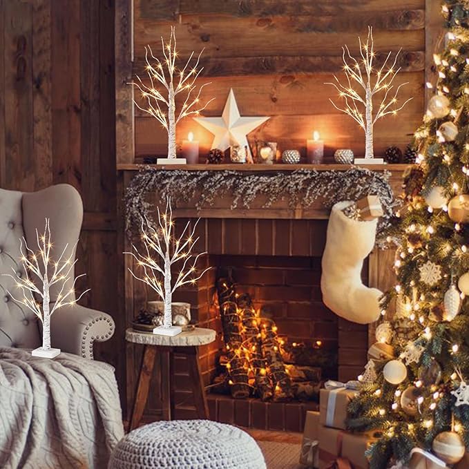Vanthylit Christmas Tree Decorations, White Birch Tree with LED Lights- Set of 4, Warm White Small Tree Lights Battery Powered/USB, Timer Lighted Tree for Home Wedding Indoor Outdoor Decor (2 FT)