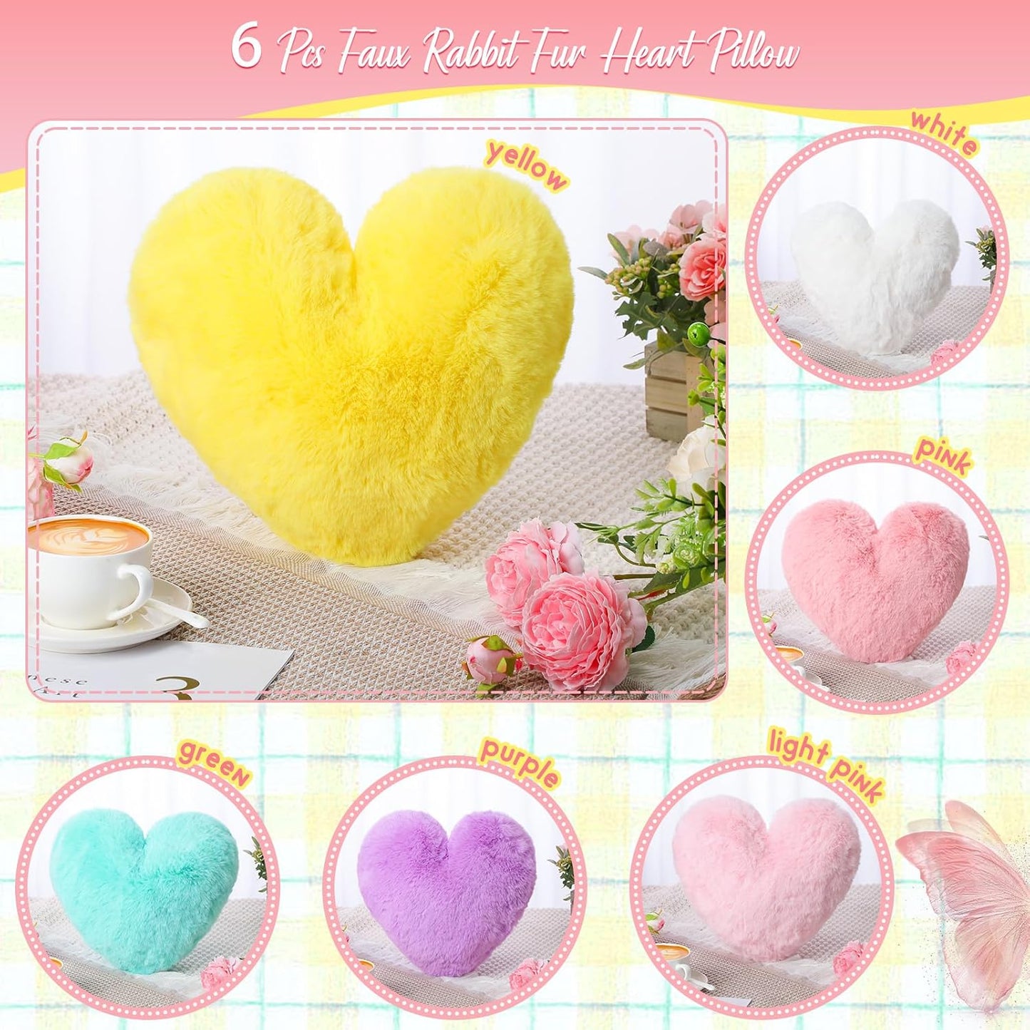 Liliful 6 Pcs Faux Rabbit Fur Heart Pillows Helloween Fluffy Heart Throw Pillows Christmas Cute Couch Cushion Soft Decorative Throw Cushion for Bed Sofa Girls Women(12 x 11 Inch,Light Color)