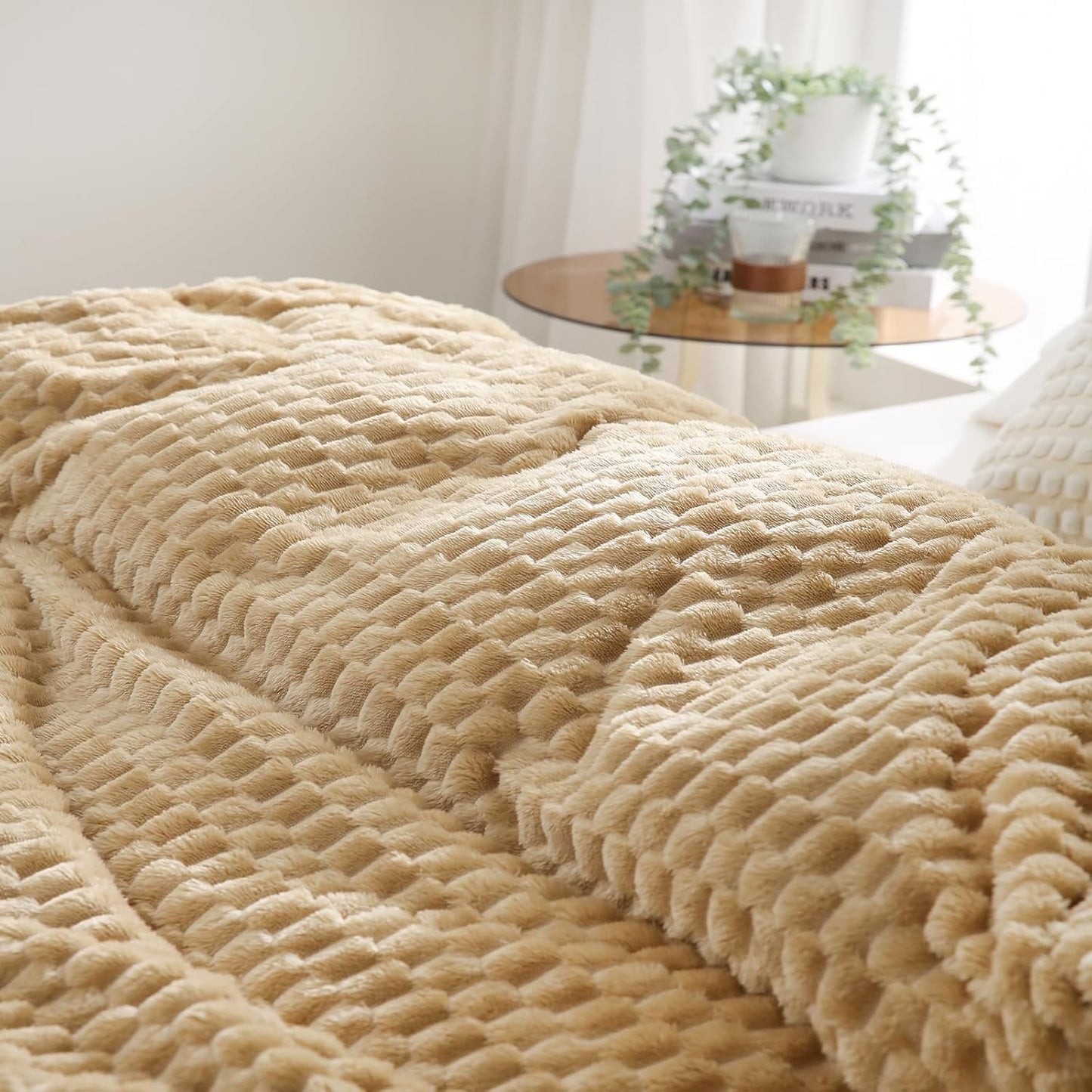 Beige Throw Blanket 50"×60" inches Fuzzy 3D Jacquard Decorative Flannel Fleece Super Soft Plush Cozy Blanket for Couch Sofa Chair Lightweight,Khaki