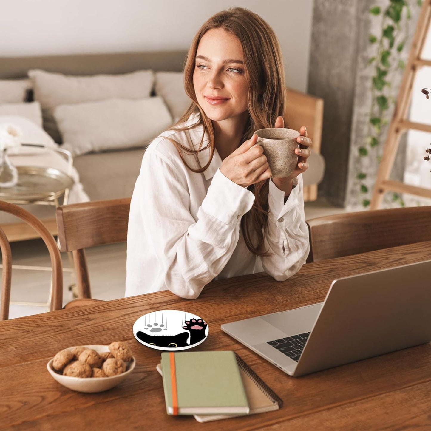 Drinks Coasters Set of 4, Black Cat Round 4" Cup Coasters, Absorbent Ceramic Stone Coasters with Cork Base, Cute Coasters for Table Home Décor, Ideal Gifts for Women Men