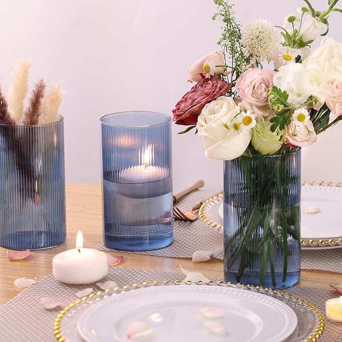 Glass Cylinder Vases, Bud Vase for Wedding Centerpieces, 6 Inch Tall Ribbed Vase Hurricane Floating Candle Holder, Decorative Flower Vases for Wedding Reception, Home Decor, Housewarming Gift (Blue)
