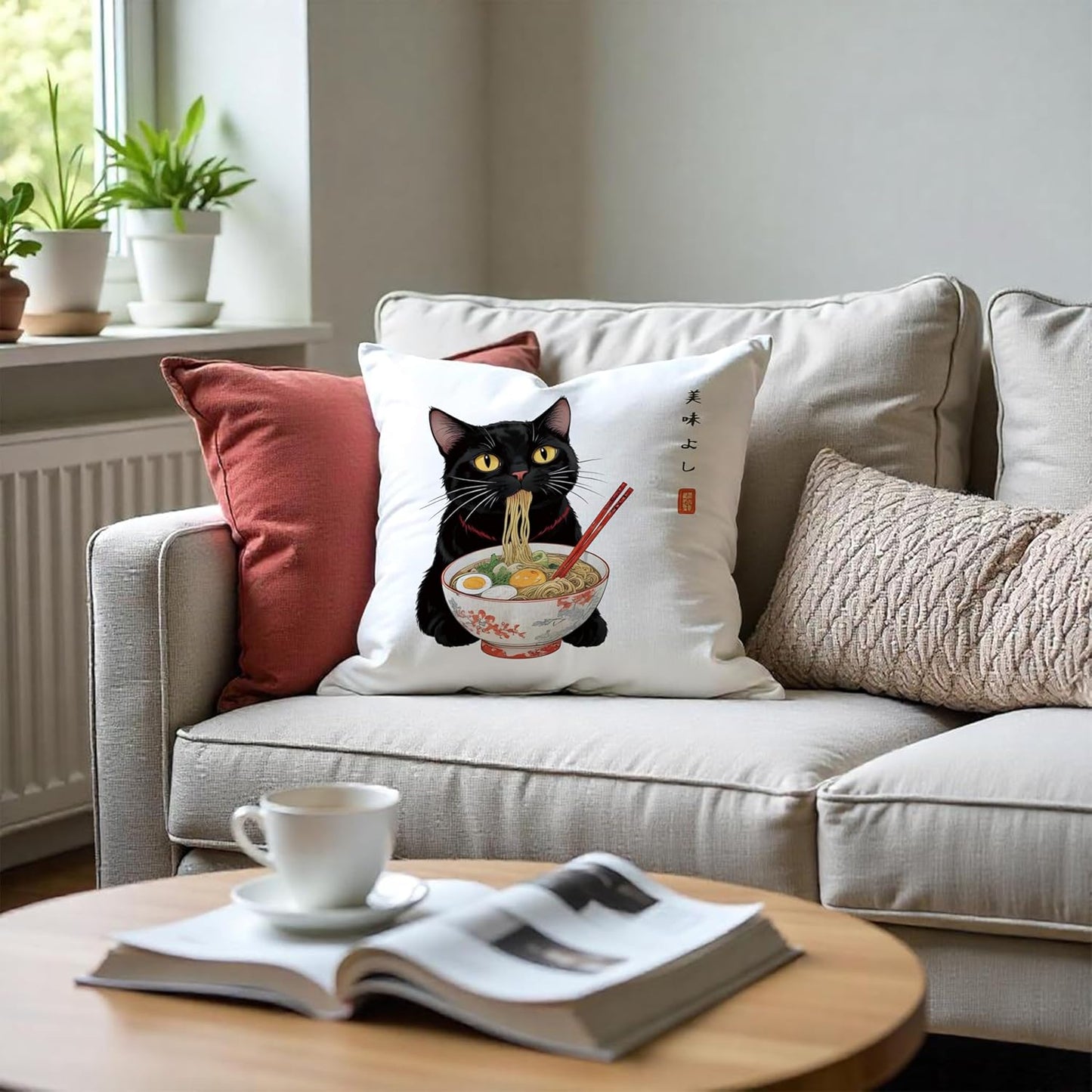 Funny Anime Vintage Black Cat Japanese Ramen Noodles Pillow Covers 18x18, Aesthetic Black Cat Art Painting Decor Pillow Covers for Room Bedroom