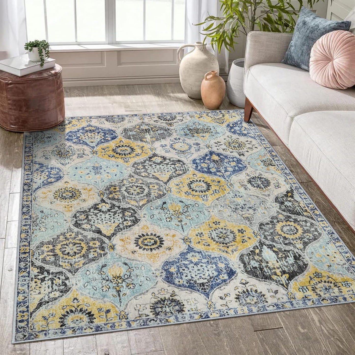 Lahome Moroccan Trellis Washable Small Area Rug, 3x5 Area Rug for Bedroom Living Room, Non-Slip Oriental Accent Throw Carpet for Kitchen Office Entryway Bathroom Office, Yellow/Aqua