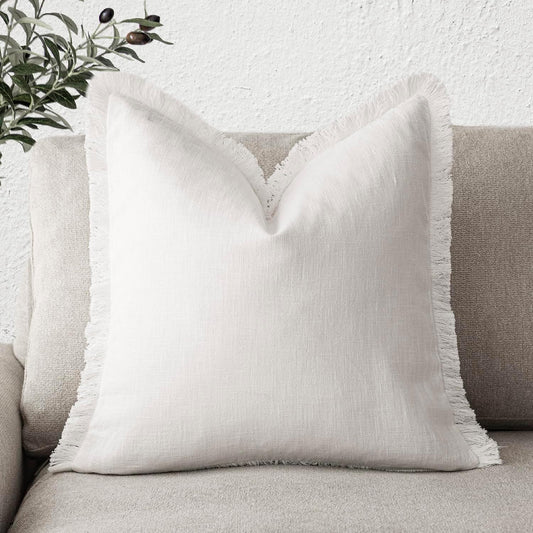 Foindtower Decorative Linen Fringe Throw Pillow Covers Cozy Boho Farmhouse Cushion Cover with Tassel Soft Accent Pillowcase for Chair Sofa Bed Living Room Home Decor, 20×20 Inch, 1PC, Cream White