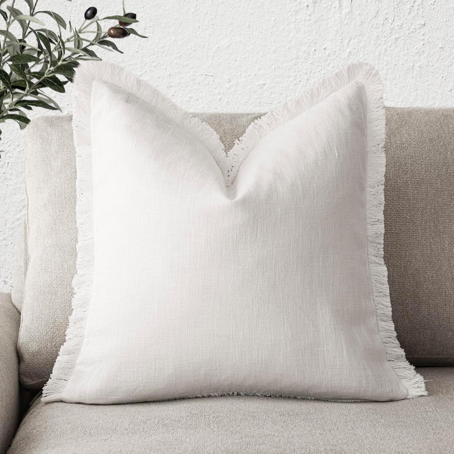 Foindtower Decorative Linen Fringe Throw Pillow Covers Cozy Boho Farmhouse Cushion Cover with Tassels Soft Accent Pillowcase for Chair Sofa Bed Living Room Home Decor, 26×26 Inch, 1PC, Cream White