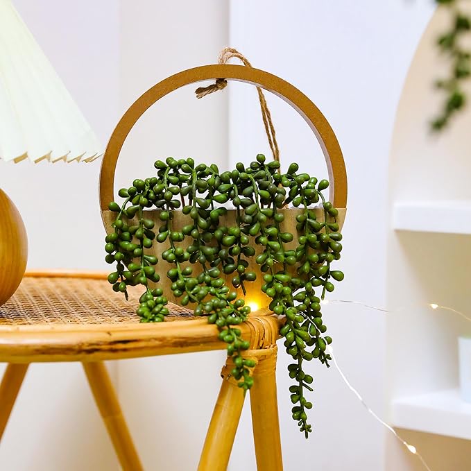 Floweroyal 2pcs Artificial Succulents Hanging Plants 12.2'' Fake String of Pearls in Pot with 8.3'' Lanyard for Indoor Outdoor Wall Decor（Wood Color）.