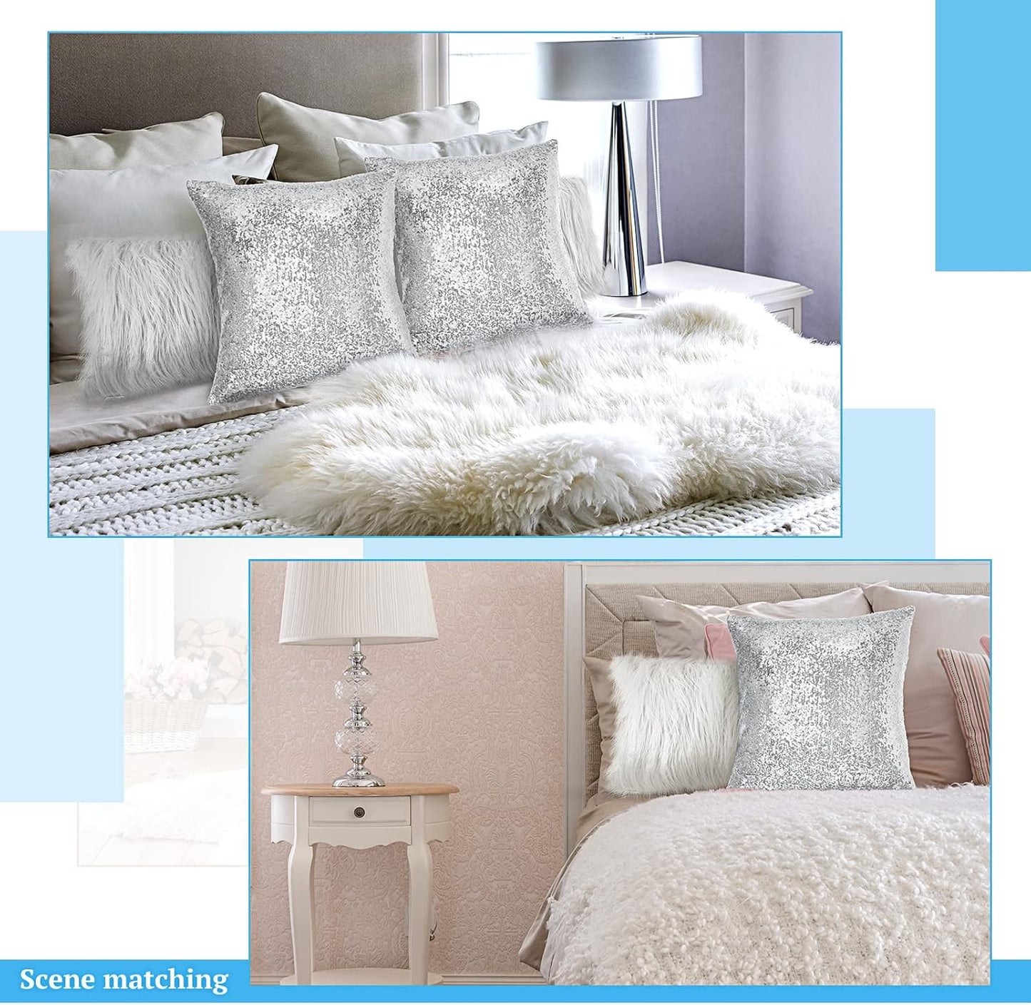 Irenare 4 Pcs Sequin and Fluffy Pillow Covers Winter Throw Pillow Cases Soft Cushion Cover for Couch Bed Sofa Xmas Day(18 x 18 Inch, 12 x 20 Inch,White, Silver)