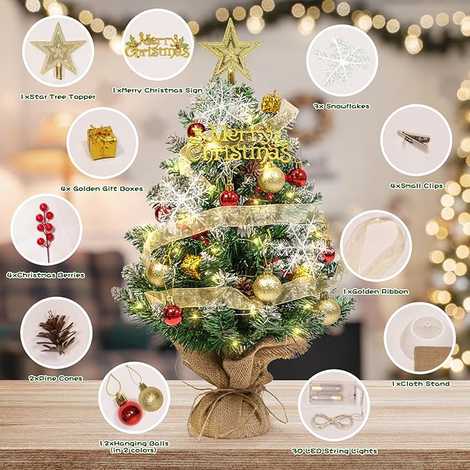 Tabletop Mini Artificial Christmas Tree with LED Lights, Star Topper, and Hanging Ornaments - 24 Inch Small Christmas Tree for Holiday DIY Decorations