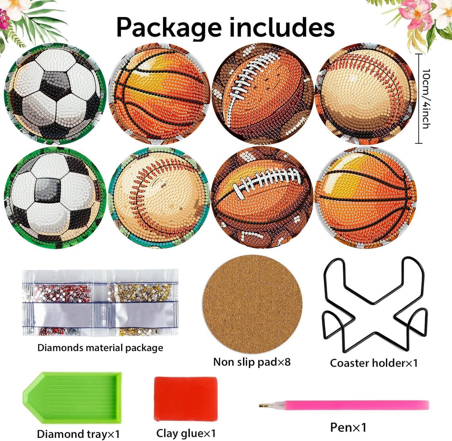 Meothan 8 Pcs Football Diamond Art Coasters Kits for Adults with Holder Cork Pads, Basketball Baseball Rugby Diamond Dots Art Painting Coasters Crafts Kit for Home Office Decor (4x4in)