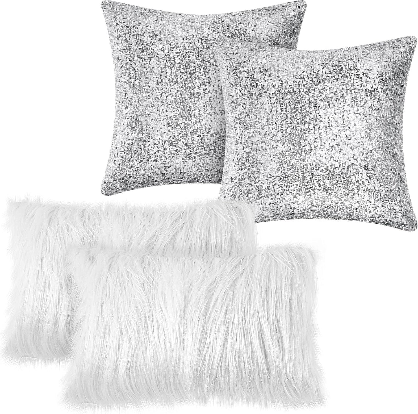Irenare 4 Pcs Sequin and Fluffy Pillow Covers Winter Throw Pillow Cases Soft Cushion Cover for Couch Bed Sofa Xmas Day(18 x 18 Inch, 12 x 20 Inch,White, Silver)