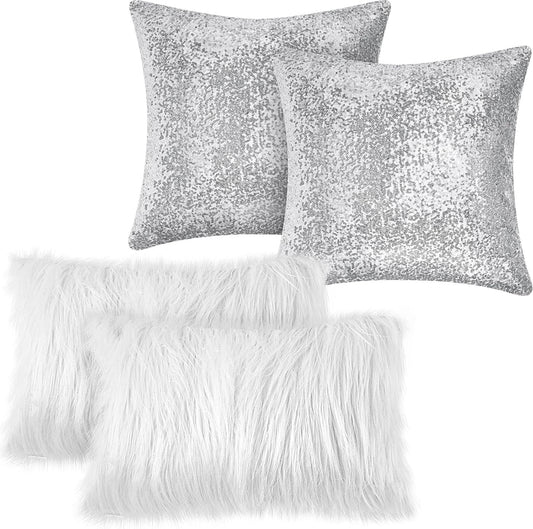 Irenare 4 Pcs Sequin and Fluffy Pillow Covers Winter Throw Pillow Cases Soft Cushion Cover for Couch Bed Sofa Xmas Day(18 x 18 Inch, 12 x 20 Inch,White, Silver)