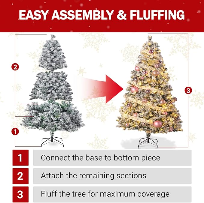 4.5ft Prelit Green Artificial Christmas Tree with 100 Warm White LED Light, Full Snow Flocked Xmas Tree Featuring 400 Realistic Branch, Easy Hinged Assembly for Home Office Party Decoration