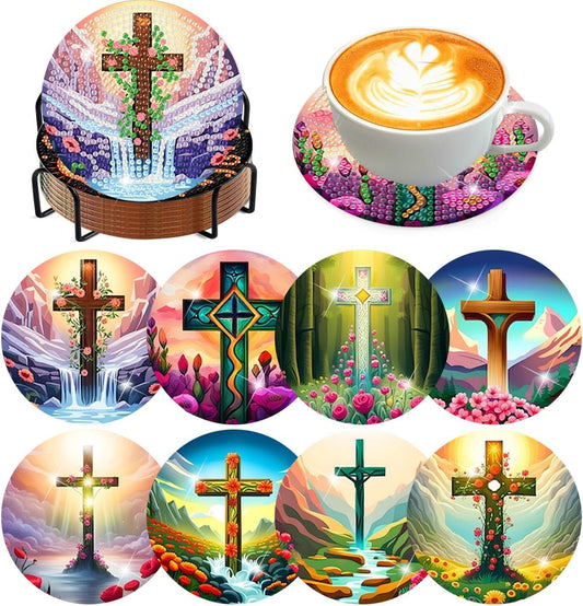 Meothan 8 Pcs Diamond Art Coasters Kits for Adults with Holder Cork Pads, Cross Diamond Dots Art Painting Coasters Crafts Kit for Home Office Decor (Religion)