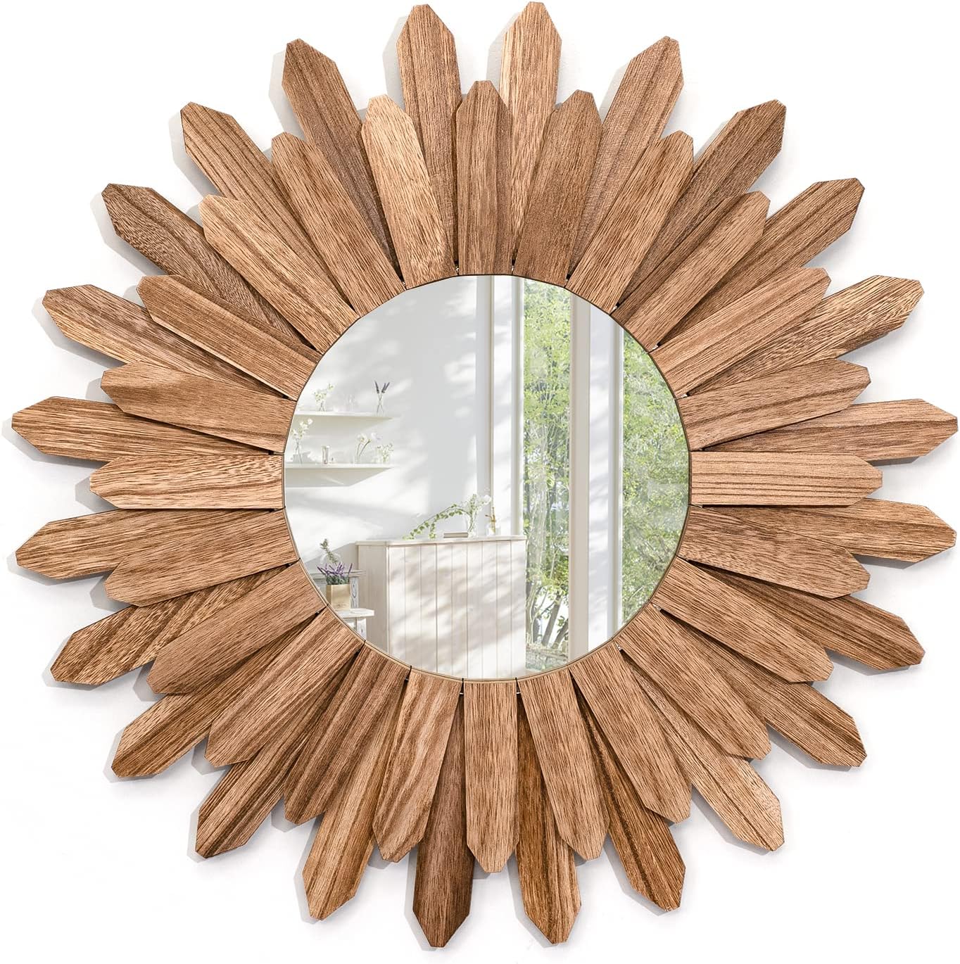 Emfogo Wall Mirror 21 inch Rustic Wood Farmhouse Mirror Sunburst Boho Mirror Wall Decor Room Decor Home Aesthetic Decor for Bedroom Living Room Entryway (Carbonized Black)