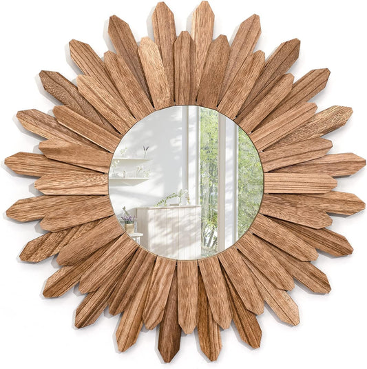 Emfogo Wall Mirror 21 inch Rustic Wood Farmhouse Mirror Sunburst Boho Mirror Wall Decor Room Decor Home Aesthetic Decor for Bedroom Living Room Entryway (Carbonized Black)