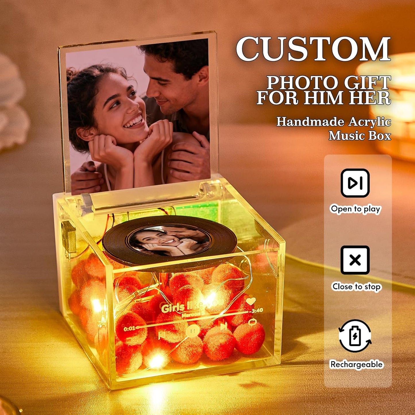 Custom Music Box, Custom Vinyl Record with Light, Music Decor with Text Photo and Any Song, Personalized Gifts Anniversary Birthday Chrismas Valentine’s Day for Couple, Lover, Boyfriend, Girlfriend