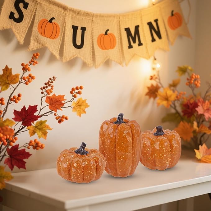 winemana Pumpkins Fall Decor Set of 3 - Artificial Resin Thanksgiving Table Centerpiece for Home Mantel Porch Office & Farmhouse, Decorative Elegant Pumpkin Autumn Harvest Decorations (Orange)