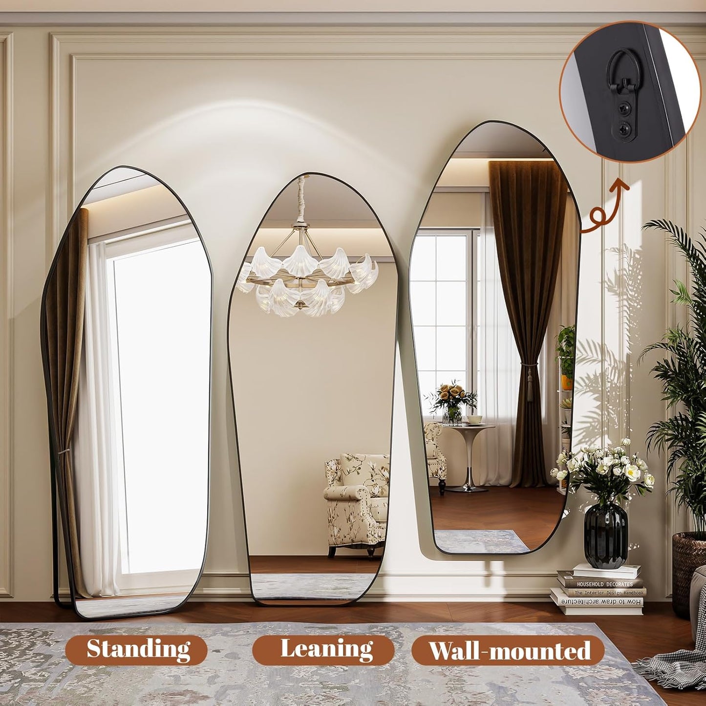 Full Length Floor Mirror - 67"x24" Aluminum Frame Irregular Mirror Diamond Shaped Standing Leaning Hanging for Bedroom Living Room Cloakroom Decor Large Mirror Black